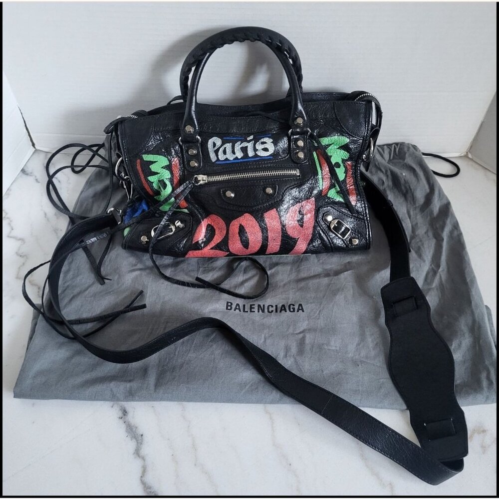 Balenciaga 2019 Small Motocross Classic Graffiti City Bag Black Arena Leather - Picture 3 of 11